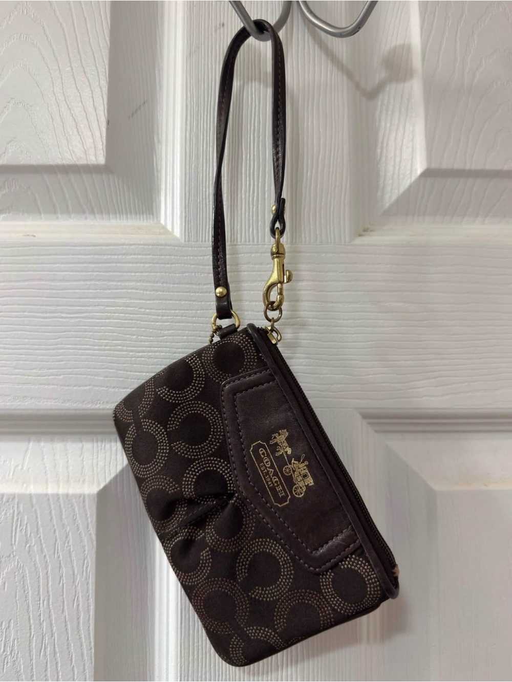 Coach Brown Signature Canvas Wristlet with Gold Hardware